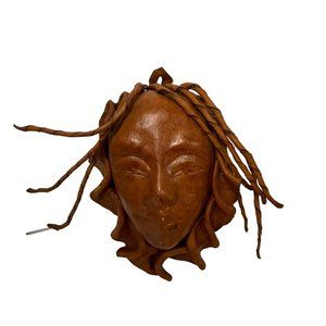 Vintage Leather Portrait Sculpted Art Womans Face 3D Hanging Mask 7.5"X5.5"X3"‎